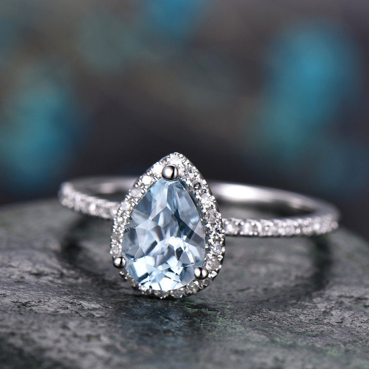 Aquamarine engagement ring-Solid 14k white gold-handmade diamond band ring-Stacking thin ring-6x8mm pear shape gemstone promise ring