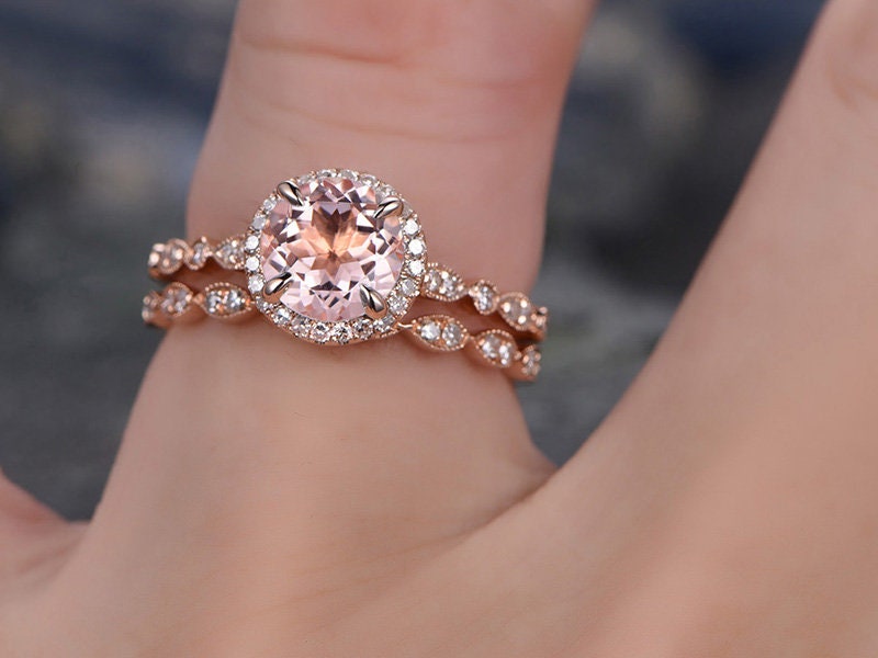 Morganite engagement ring set solid 14k rose gold handmade diamond halo ring 2pc stacking round marquise wedding promise anniversary ring