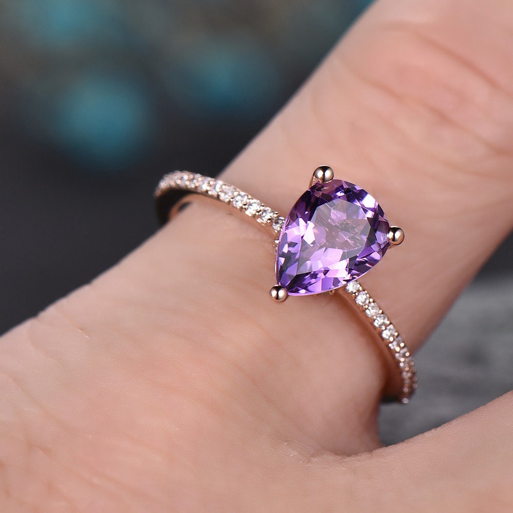Amethyst engagement ring pear shaped-Solid 14k rose gold-handmade under halo diamond ring-pave set stacking band- February Birthstone ring