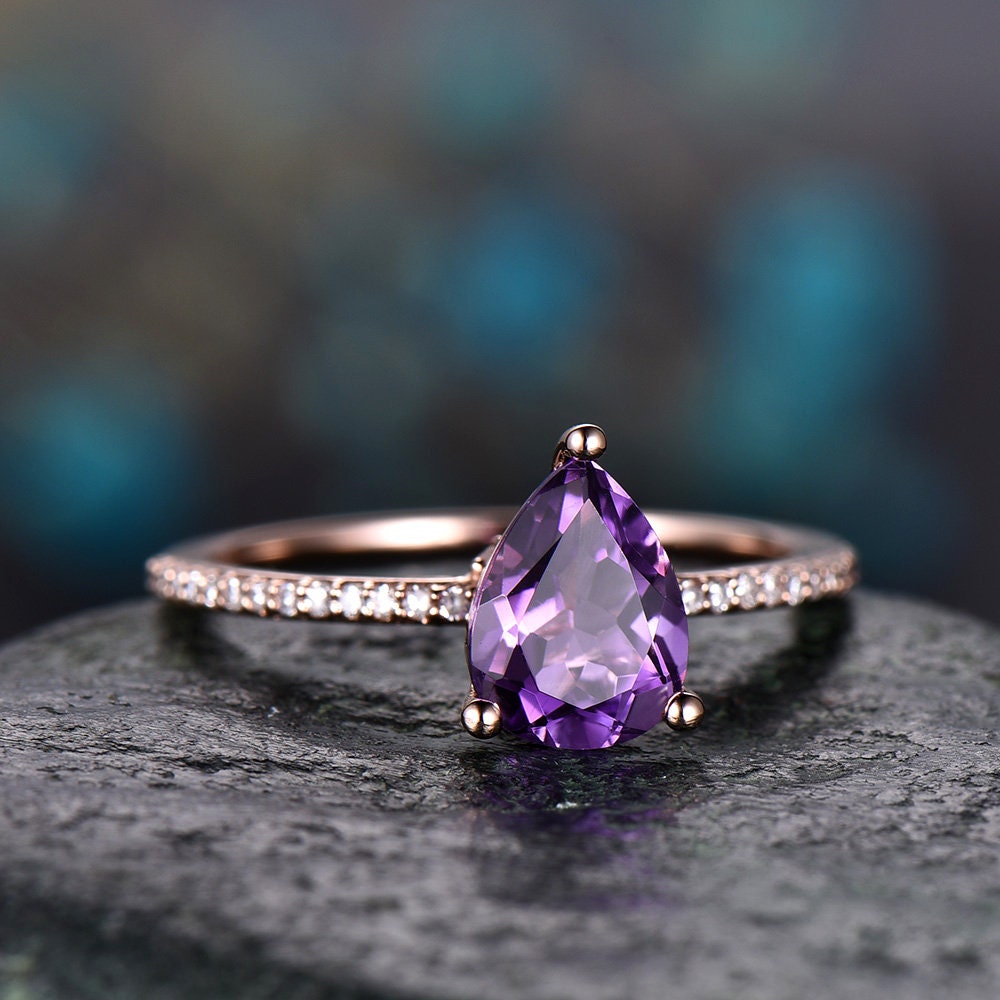 Amethyst engagement ring pear shaped-Solid 14k rose gold-handmade under halo diamond ring-pave set stacking band- February Birthstone ring