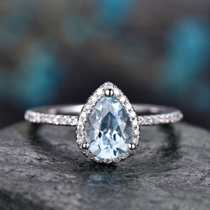 Aquamarine engagement ring-Solid 14k white gold-handmade diamond band ring-Stacking thin ring-6x8mm pear shape gemstone promise ring