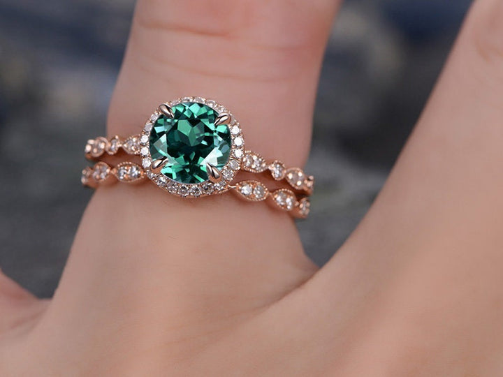 Vintage emerald engagement ring set rose gold Milgrain wedding band halo marquise diamond ring set for women unique promise ring set gift