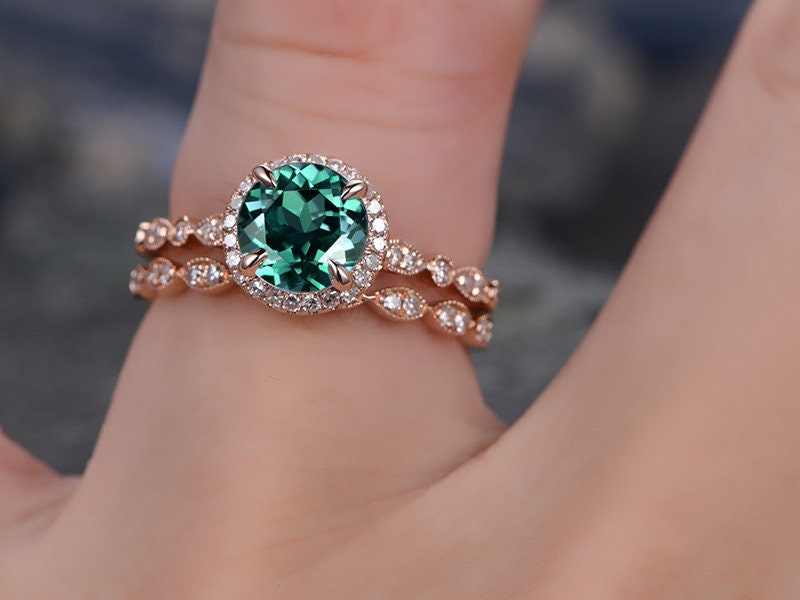 ONLY THE Emerald engagement ring emerald ring gold bridal ring-handmade Diamond Wedding ring stacking ring round cut may birthstone ring