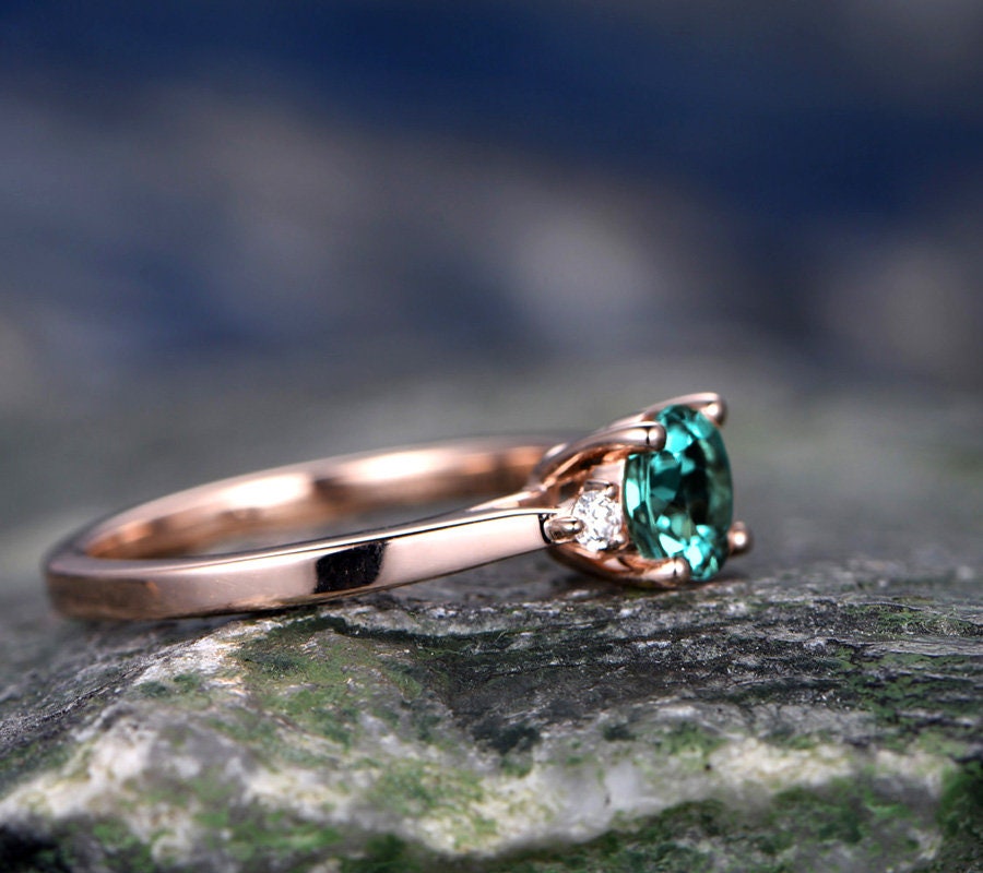 Three stone emerald engagement ring rose gold emerald ring gold diamond ring may birthstone antique Lab emerald wedding bridal promise ring