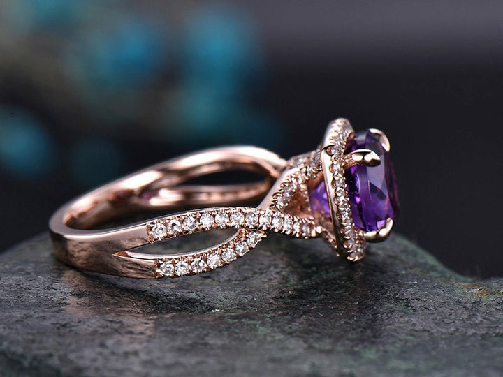 Amethyst engagement ring rose gold diamond halo ring February birthstone infinity twisted unique jewelry anniversary wedding promise ring