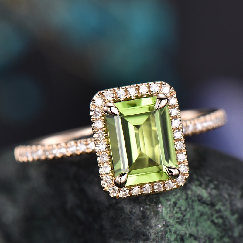 Natural peridot engagement ring 14k yellow gold-handmade halo Diamond wedding ring band 8x6mm emerald cut peridot August birthstone ring