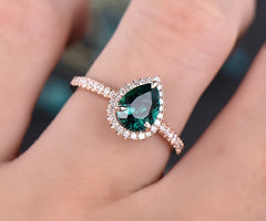 Only the green emerald engagement ring solid 14k rose gold ring diamond halo ring emerald ring rose gold green gemstone May birthstoner ring