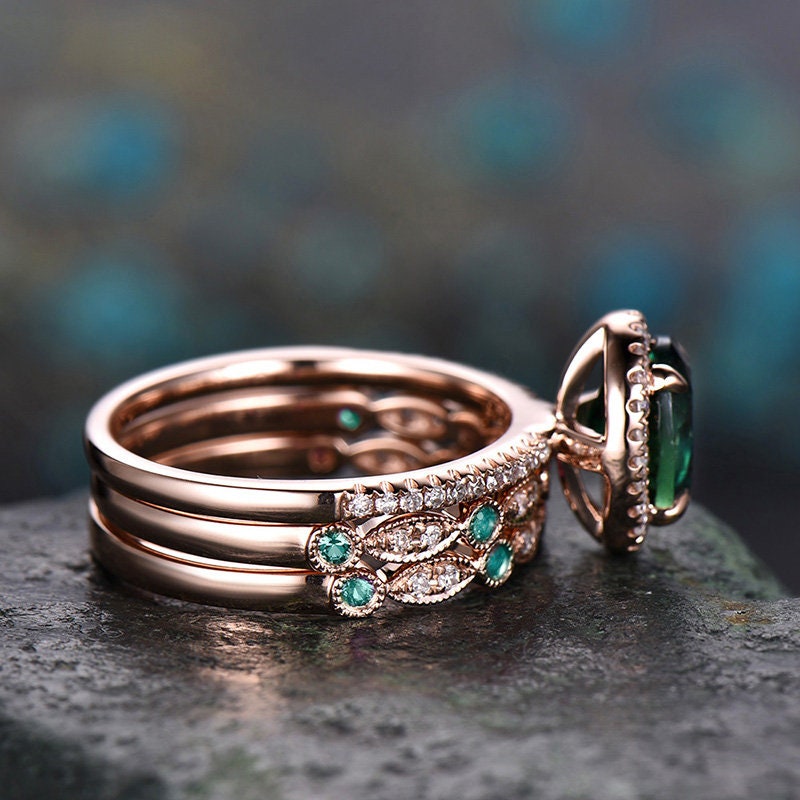Emerald ring vintage unique oval emerald engagement ring set rose gold halo diamond ring for women marquise milgrain wedding ring set band