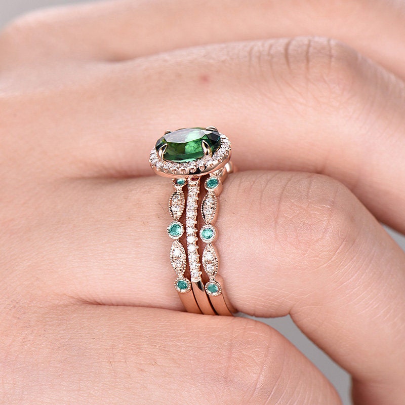 Lab Emerald Engagement Ring Rose Gold Leaf Vine Diamond Band Curved Promise  Birthstone Half Eternity Unique Women Oval Cut Anniversary Ring - Etsy
