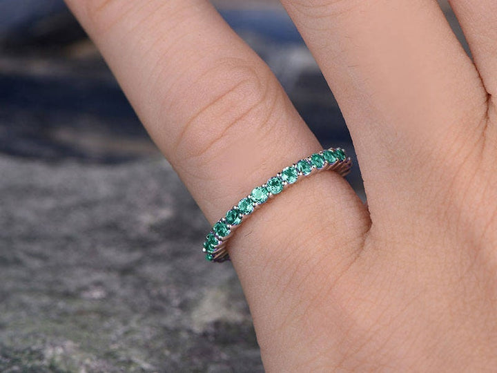 2mm lab emerald wedding ring band solid 14k white gold ring unique wedding ring full eternity band gift may birthstone bridal promise ring