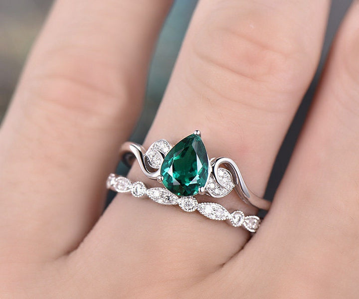 Emerald engagement ring set white gold-emerald ring gold handmade Diamond ring-2pcs floral Wedding ring set-May birthstone ring promise ring