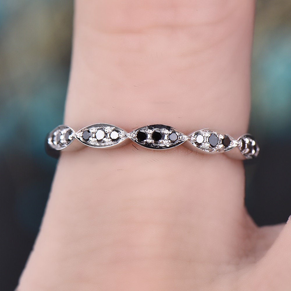 Black diamond wedding band-Solid 14k white gold-marquise diamond stacking ring-half eternity band-stacking matching band-Black diamond ring