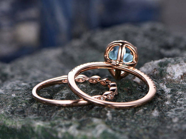 Aquamarine engagement ring set solid 14k rose gold handmade diamond halo ring 2pcs bridal set pear jewelry marquise promise wedding ring