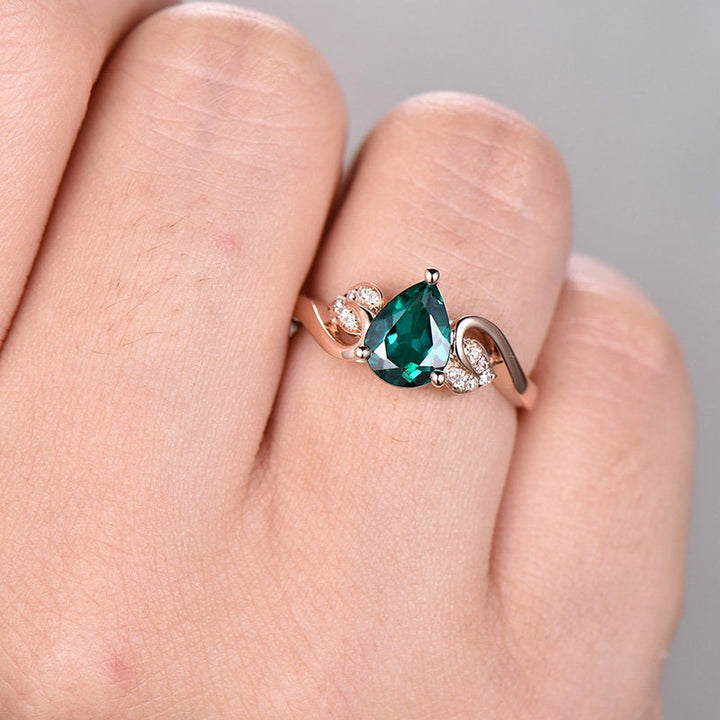 Flower antique emerald ring vintage pear cut emerald engagement ring rose gold real diamond May birthstone wedding women anniversary ring