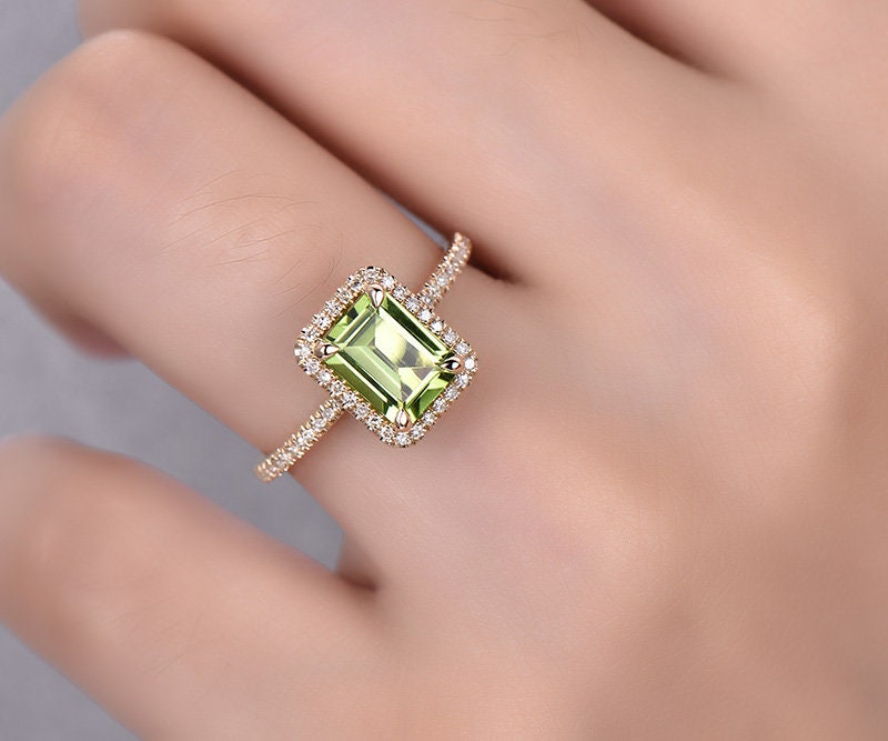 Natural peridot engagement ring 14k yellow gold-handmade halo Diamond wedding ring band 8x6mm emerald cut peridot August birthstone ring
