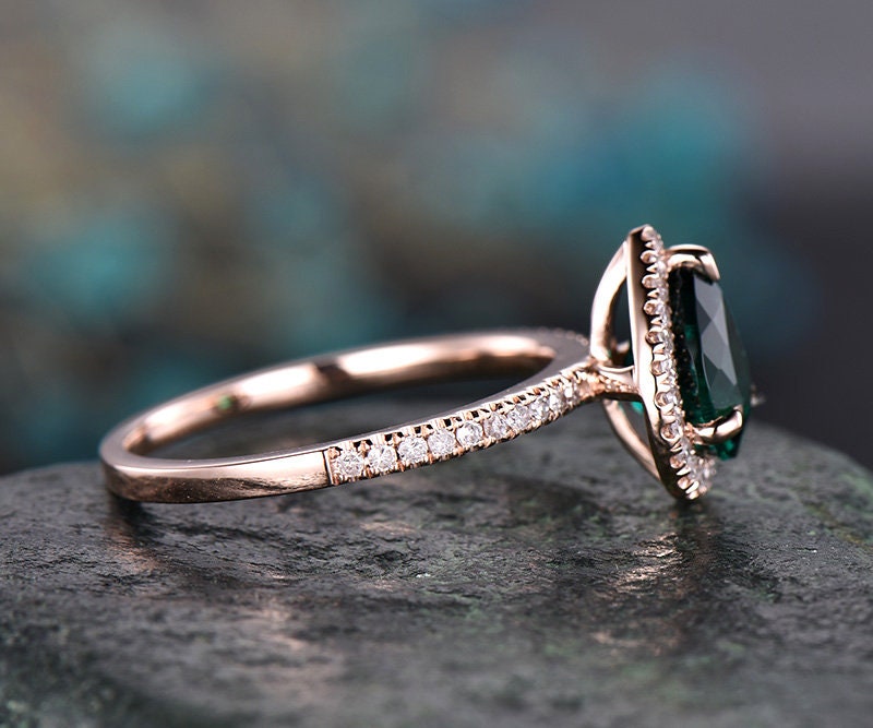 Only the green emerald engagement ring solid 14k rose gold ring diamond halo ring emerald ring rose gold green gemstone May birthstoner ring