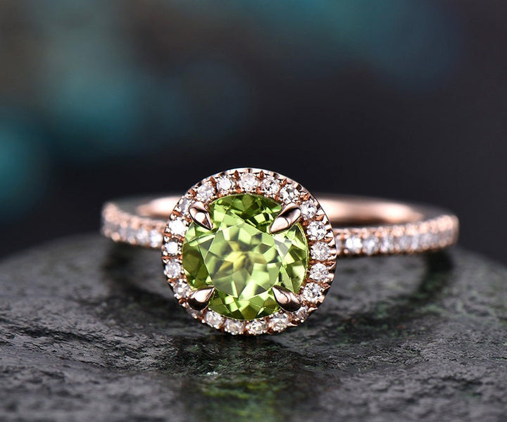 Green natural Peridot engagement ring-Solid 14k Rose gold-handmade Diamond Bridal ring-Stacking band-Round  promise ring diamond halo ring