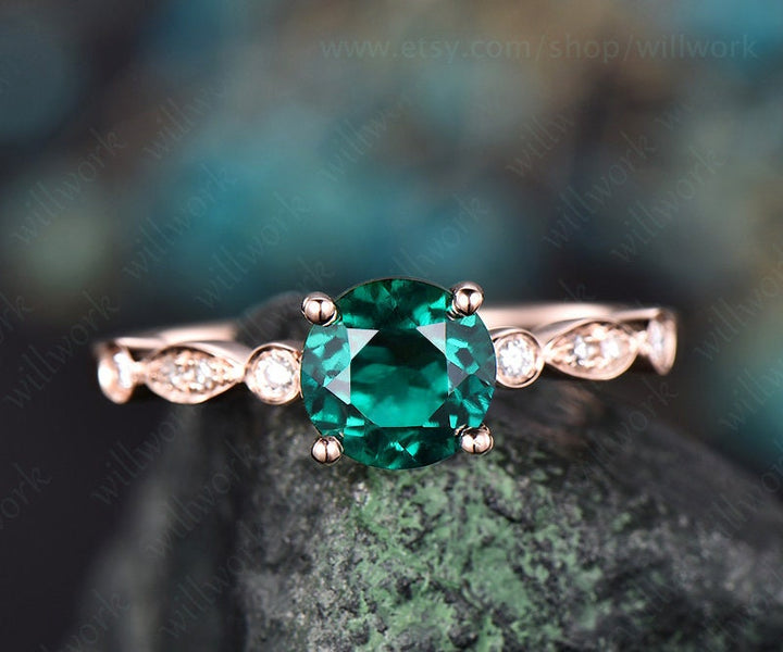 Green emerald engagement ring rose gold emerald ring gold May birthstone ring handmade vintage bridal marquise diamond wedding promise ring