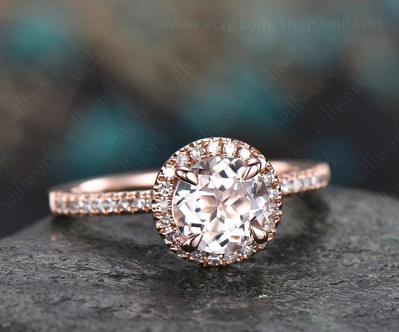 White topaz engagement ring 14k rose gold diamond halo ring round white topaz ring vintage unique gift bridal promise wedding ring for her - willwork