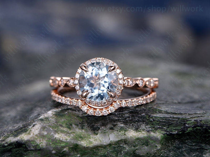 Vintage Blue Aquamarine Engagement Ring Set Solid 14k Rose Gold Handmade Art Deco Arched Diamond Rng Wedding Ring Set March Birthstone Ring