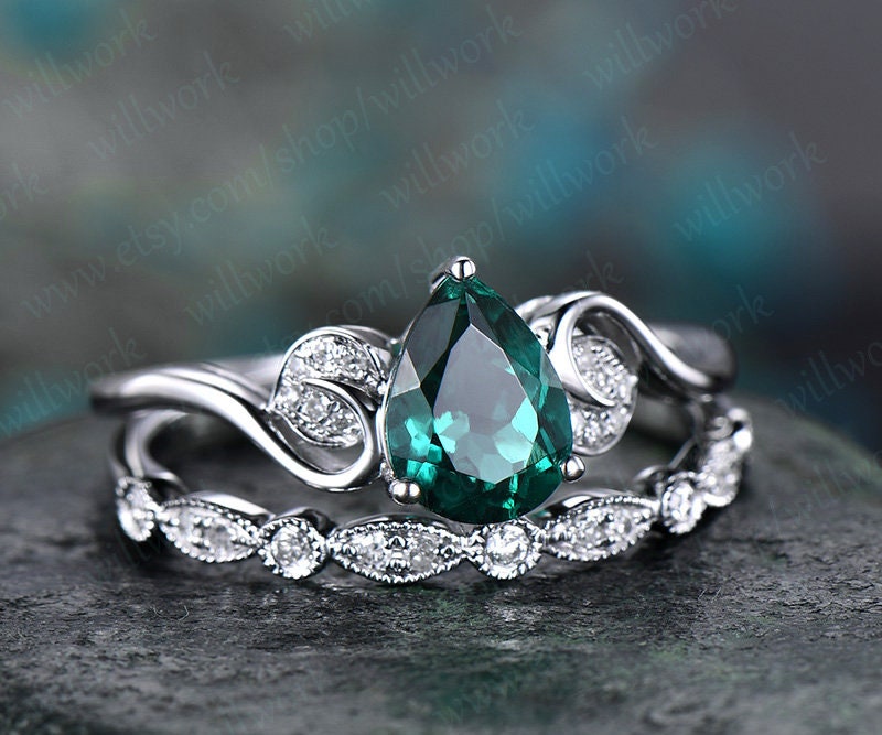 Emerald engagement ring set white gold-emerald ring gold handmade Diamond ring-2pcs floral Wedding ring set-May birthstone ring promise ring