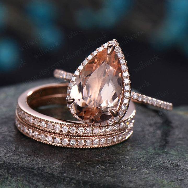 8x12mm morganite engagement ring set rose gold diamond halo ring 3pcs morganite bridal set antique matching stacking wedding promise ring