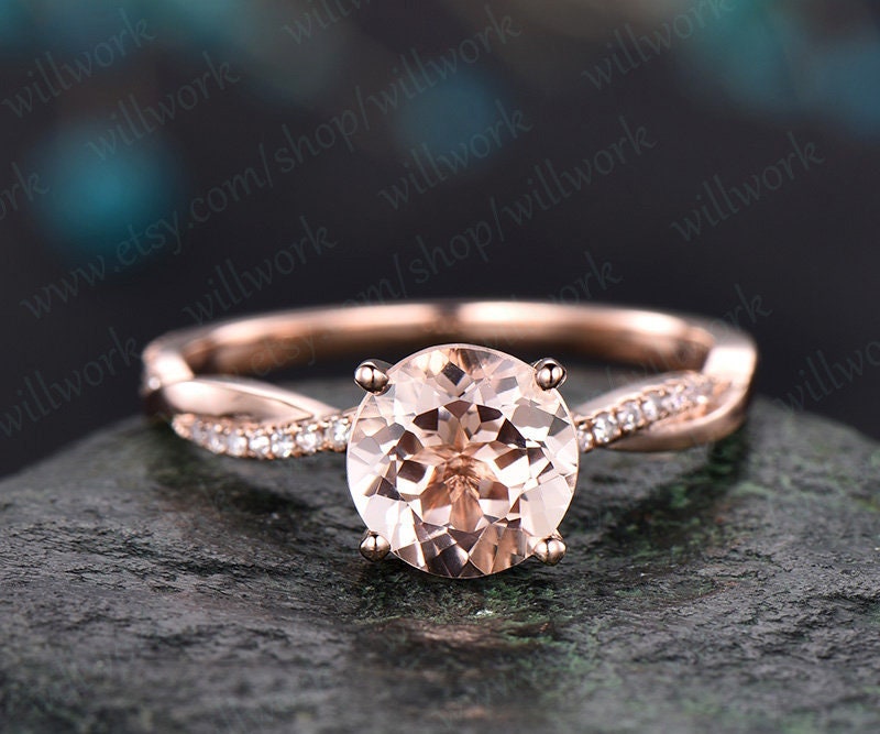 Round morganite engagement ring solid 14k rose gold wedding ring twisted real diamond ring unique bridal gift art deco promise ring for her
