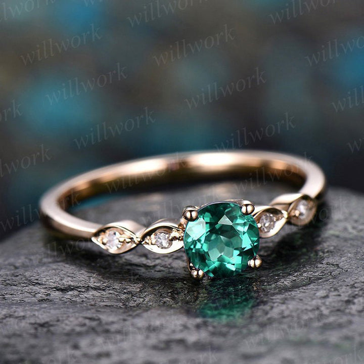5mm green emerald engagement ring yellow gold tiny marquise diamond wedding ring band May birthstone ring emerald promise ring art deco ring