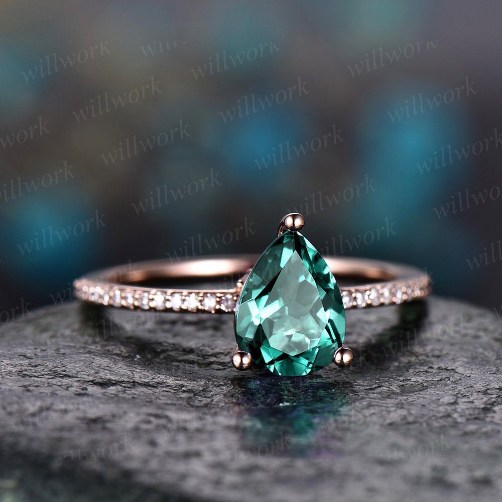 Teardrop Emerald engagement ring solid 14k rose gold under halo real diamond ring emerald  ring vintage promise wedding May birthstone ring