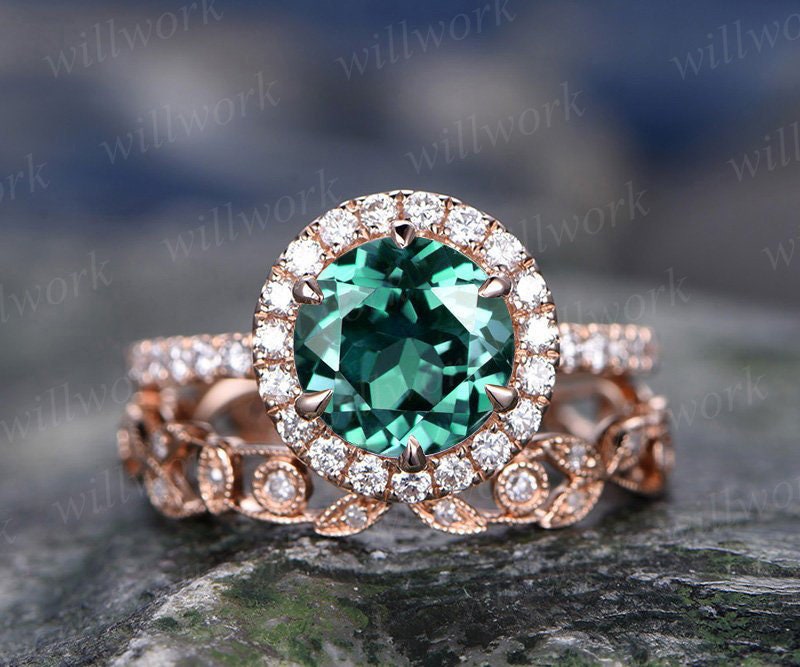 Emerald engagement ring set handmade solid 14k Rose gold ring moissanite halo bridal matching ring 7x7mm round green gemstone promise ring