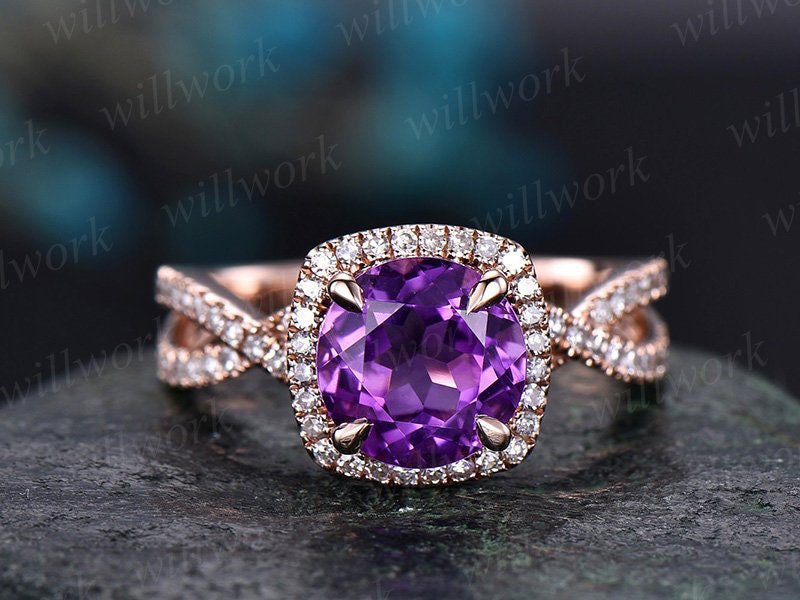 Amethyst engagement ring rose gold diamond halo ring February birthstone infinity twisted unique jewelry anniversary wedding promise ring