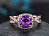 Amethyst engagement ring rose gold diamond halo ring February birthstone infinity twisted unique jewelry anniversary wedding promise ring