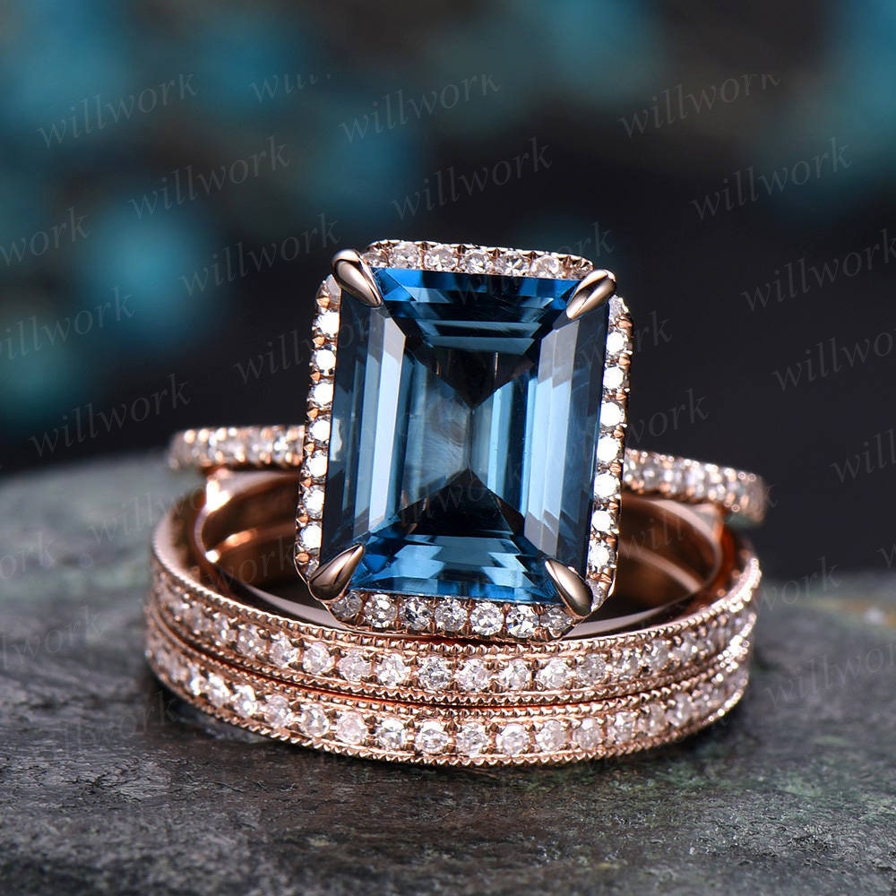 3pcs Emerald cut London blue topaz engagement ring 14k rose gold Topaz wedding bridal set diamond halo engagement November birthstone ring