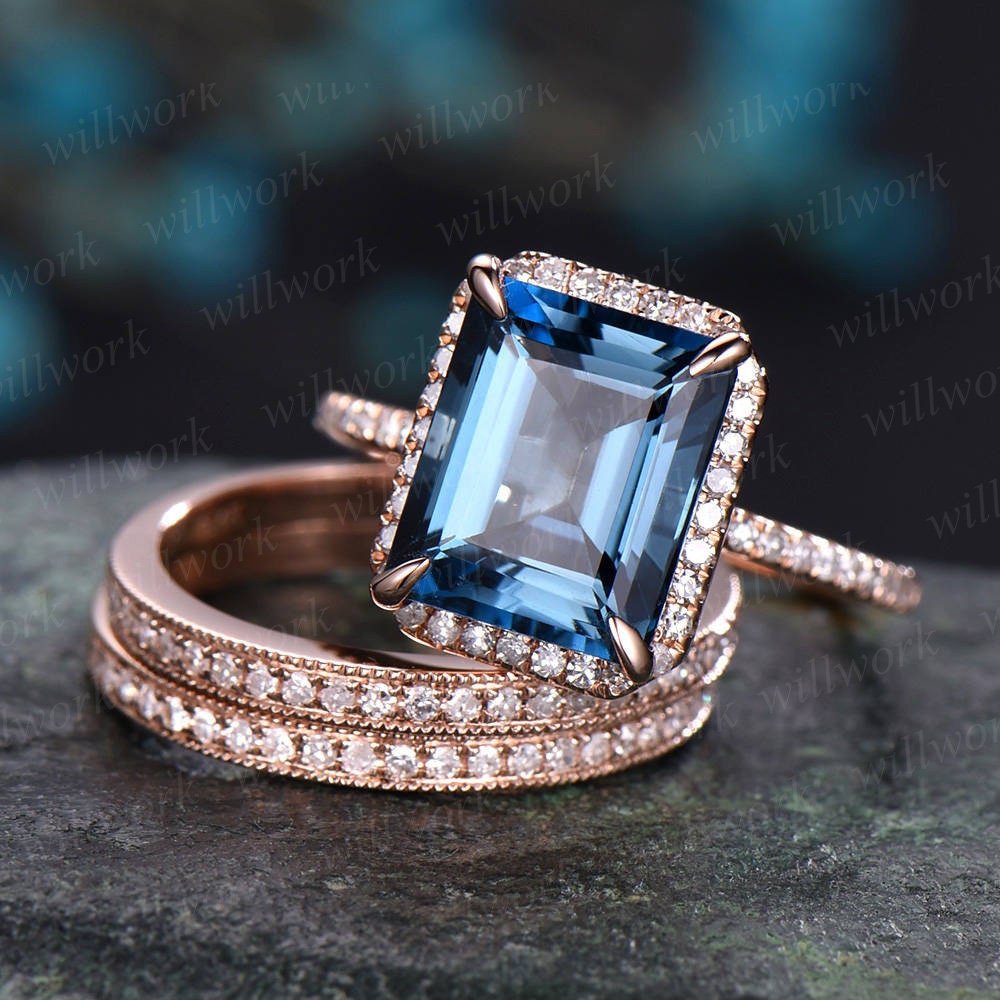 3pcs Emerald cut London blue topaz engagement ring 14k rose gold