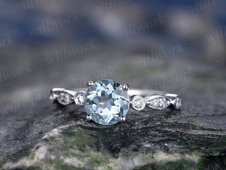 Blue aquamarine engagement ring solid 14k white gold handmade real diamond ring round art deco gift anniversary wedding bridal promise ring