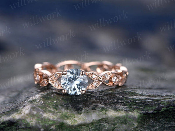 Blue aquamarine engagement ring solid 14k Rose gold full eternity diamond ring 5mm round cut flower unique antique gift bridal promise ring
