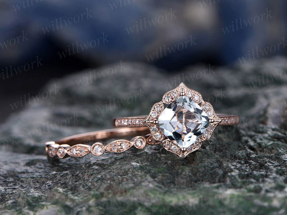Cushion cut aquamarine engagement ring set aquamarine ring for women vintage rose gold diamond ring March birthstone ring bridal set gifts