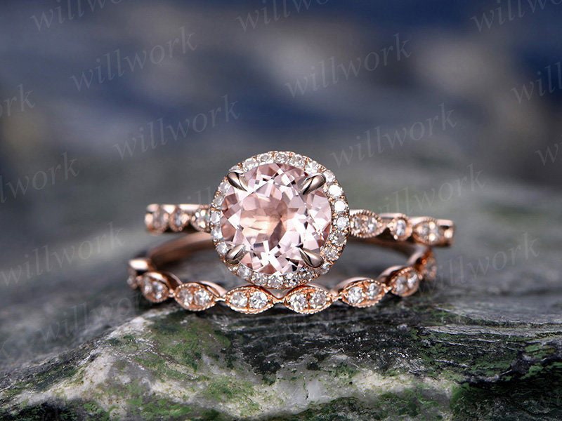 Morganite engagement ring set solid 14k rose gold handmade diamond halo ring 2pc stacking round marquise wedding promise anniversary ring