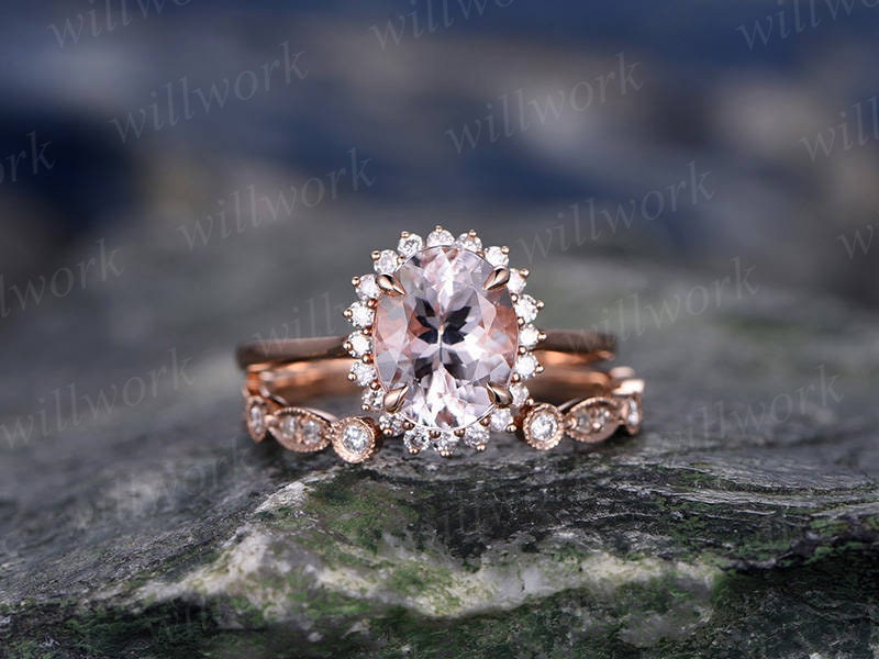 Morganite engagement ring set solid 14k rose gold ring real diamond ring unique oval flower open gap wedding promise ring bridal ring set
