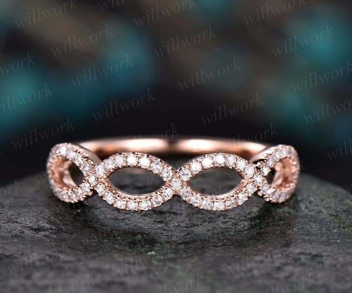 ONLY the diamond wedding band-handmade 14k Rose gold ring-Real Diamond Curved Infinity Stacking band-Half eternity Ring