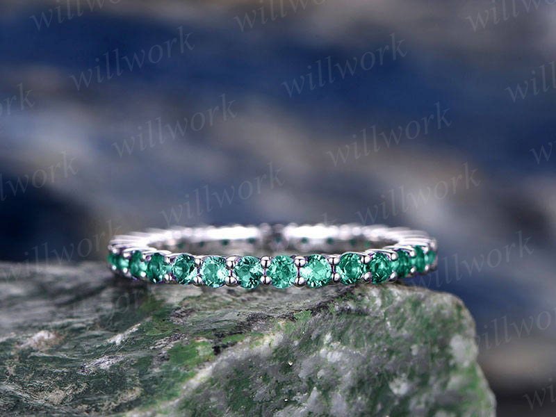 2mm lab emerald wedding ring band solid 14k white gold ring unique wedding ring full eternity band gift may birthstone bridal promise ring