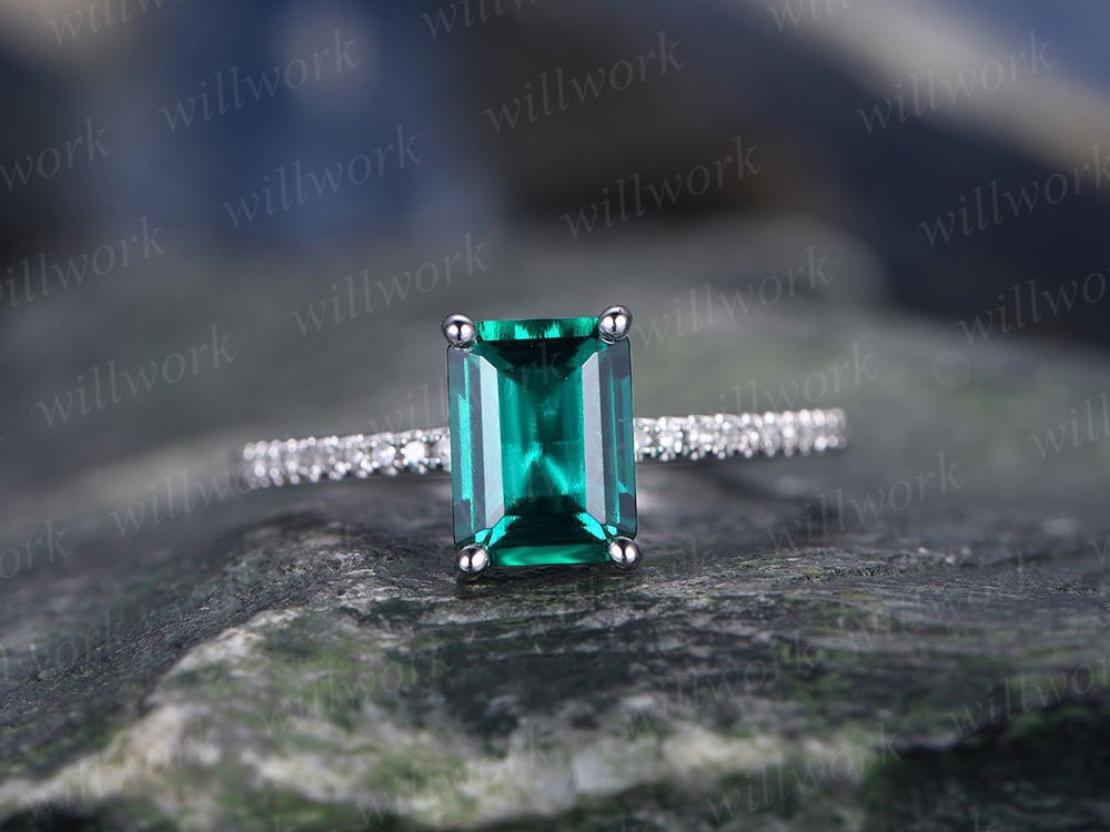 Emerald cut emerald engagement ring 14k white gold handmade diamond ring stacking eternity gift vintage wedding bridal promise ring for her