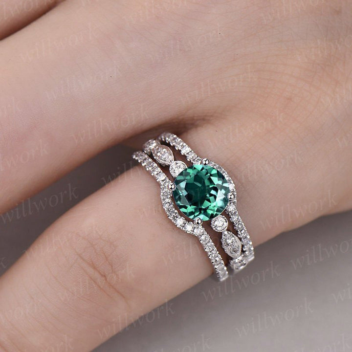 3pc emerald engagement ring set white gold emerald ring vintage diamond ring matching stacking marquise may birthstone promise wedding ring