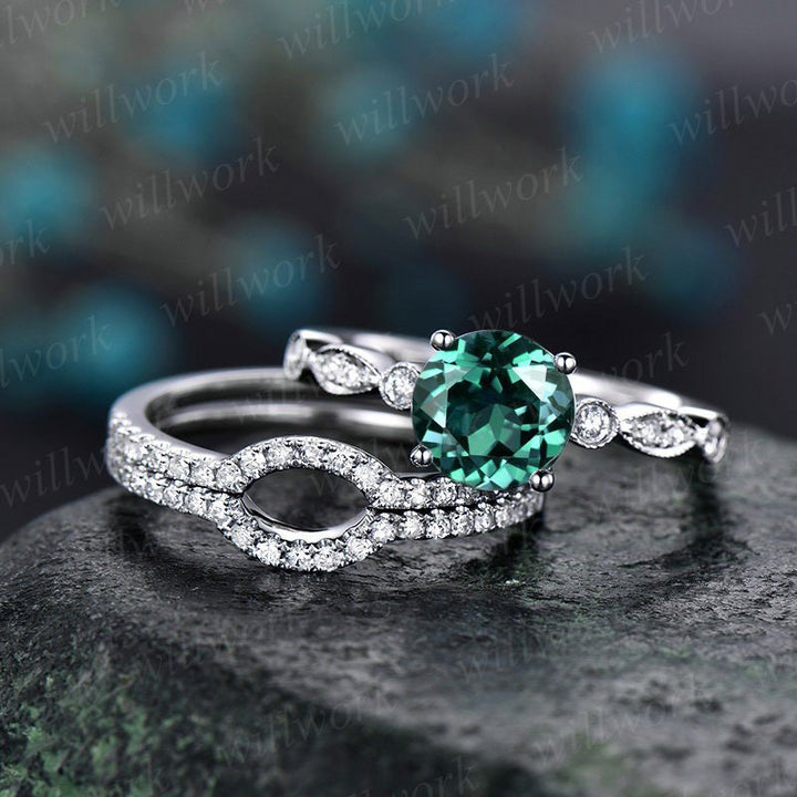 3pc emerald engagement ring set white gold emerald ring vintage diamond ring matching stacking marquise may birthstone promise wedding ring