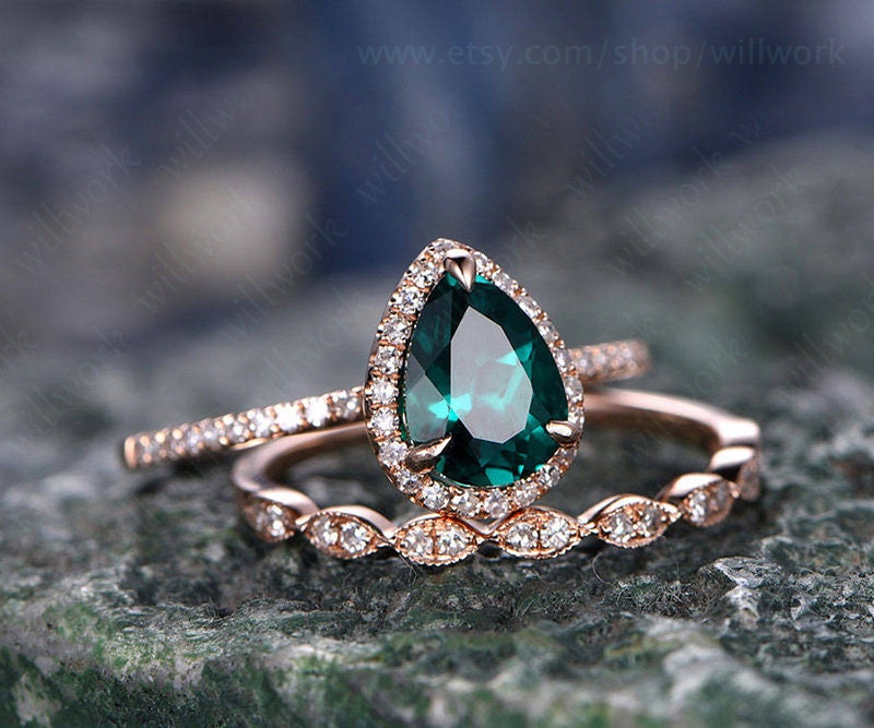 Only the green emerald engagement ring solid 14k rose gold ring diamond halo ring emerald ring rose gold green gemstone May birthstoner ring