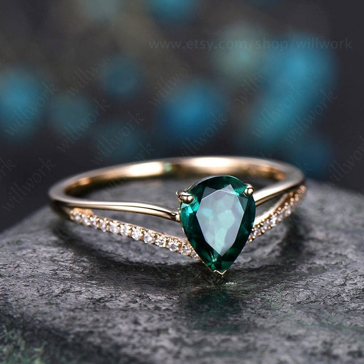 Pear cut emerald engagement ring 14k yellow gold diamond ring split shank stacking band gift unique antique wedding promise anniversary ring