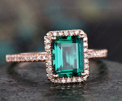 Green emerald engagement ring 14k rose gold handmade emerald ring vintage diamond halo ring stacking band bridal promise ring lab emerald