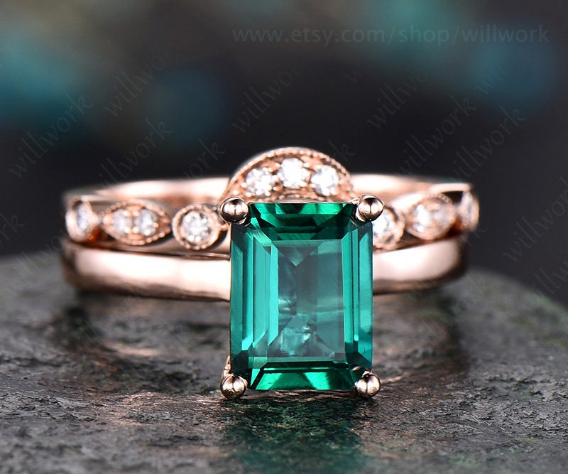Green Emerald engagement ring set 14k Rose gold-emerald ring gold handmade Diamond ring May birthstone ring 2pcs emerald matching bridal set