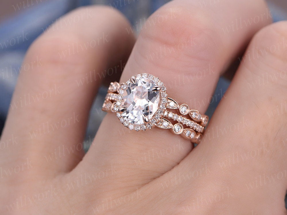Morganite engagement ring set rose gold ring diamond halo oval 3pcs matching unique antique marquise wedding bridal promise ring set for her