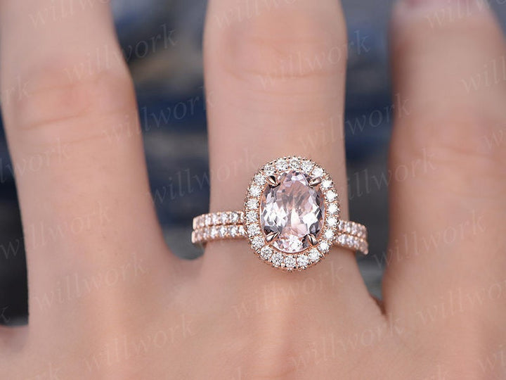 Morganite engagement ring set-handmade Solid 14k Rose gold ring-Real Diamond band-6x8mm Oval gemstone Halo Moissanite ring-Bridal Ring set